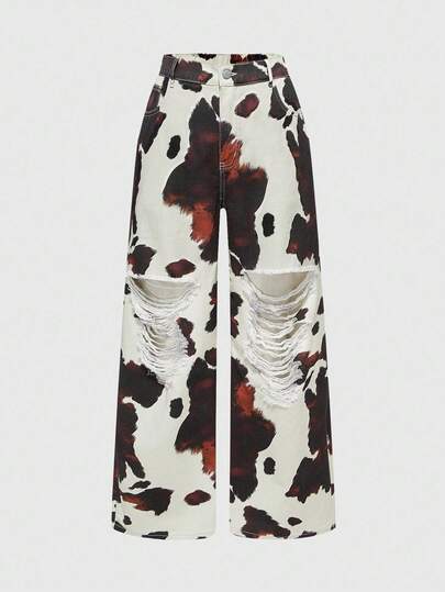 ROMWE Grunge Punk Plus Size Distressed Denim Capri Pants, Wide Leg Leopard Print Jeans