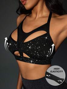 Innovista Metallic Glitzer Nachtsport-BH mit Struktur für den täglichen Athleisure-Bereich, mittlerer Halt für Yoga, Pilates, HIIT-Training, Fitnessstudio, Laufen, Boxen, Aktivbekleidung für den Herbst, funktionelles, atmungsaktives Mesh mit Ausschnitt und Kreuzrücken-Design - Schwarz - Übersicht 1