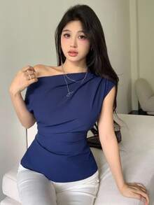 Celisse Women's Solid Color Pleated Asymmetric Collar Elegant Short Sleeve Blouse - Navy Blue - View 4