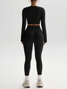 Easithlete Áo thun thể thao hở ngón tay cái và áo thun thể thao hở ngón và quần bó tập luyện cho nữ Bộ đồ tập luyện cho nữ Bộ quần bó cho nữ - màu đen - Xem 8