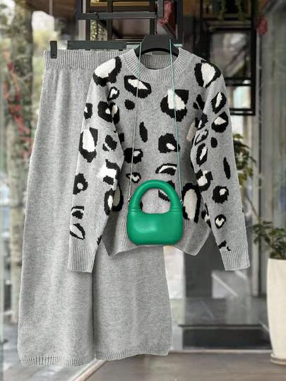 GlowEve 女式豹纹圆领长袖毛衣和阔腿裤休闲两件套，秋冬