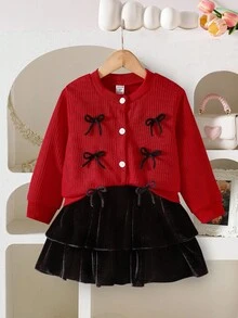 Elladie kids 2 件套女童蝴蝶装饰圆领长袖开衫外套和裙子，时尚百搭，秋冬 - 紅色 - 查看 3