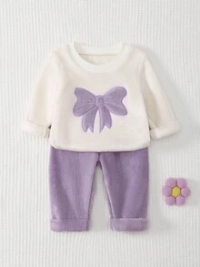 SHEIN 2pcs Baby Girls' Cute Pink Bow Embroidered Fluffy White Long Sleeve Top And Pink Plaid Pants Thickened Autumn/Winter Pajama Set - Purple - View 3