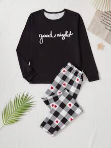 晚安图案和心形格子图案可爱休闲女孩睡衣套装、长袖上衣和裤子 - 黑與白 - 查看 3