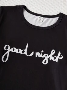 晚安图案和心形格子图案可爱休闲女孩睡衣套装、长袖上衣和裤子 - 黑與白 - 查看 4