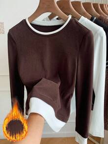 SHEIN Comfortcana Áo thun nữ hai mảnh cổ tròn tay dài, dày vừa phải, thường ngày - Cà phê nâu - Xem 7