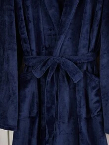 Men's Plush Flannel Bathrobe, Autumn/Winter, Luxury Navy Blue Robe With Embroidered English Text On Front And Back, Shawl Collar, Drop Shoulder, Long Sleeve Robe For Fall Winter, Fluffy, Cozy