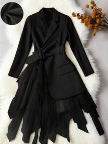 DreamSkyne Plus Size Women's Collared Short Sleeve Adjustable Waist Belt Mesh Patchwork Thin Jacket, Suit Dress