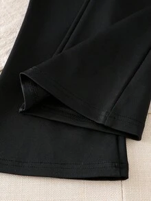 Elladie kids 两件套女童纯色串珠亮片蝴蝶结卫衣和喇叭裤套装，可爱甜美，适合秋季户外、休闲和假日穿着 - 黑色 - 查看 4