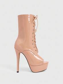 CUCCOO LuxiPop 女式性感时尚露趾系带厚底高跟休闲百搭侧拉链踝靴，杏色 - 杏色 - 查看 4