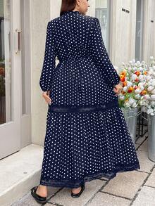 SHEIN LUNE Đầm ren cổ tròn tay loe chấm bi thanh lịch cỡ lớn dành cho nữ, phù hợp cho mùa xuân và mùa thu - Màu xanh hải quân - Xem 5