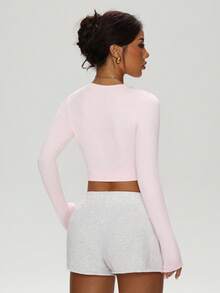 Dewbera Casual Versatile Solid Color Slim Fit Cropped Sports T-Shirt - Pink - View 5