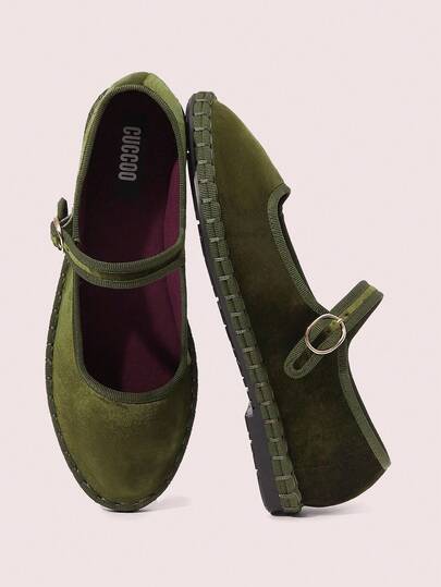 CUCCOO DOLLMOD Zapatos planos de estilo Mary Jane de terciopelo elegantes y cómodos para mujer, color verde hoja