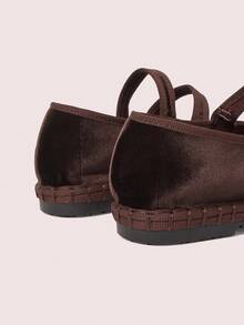 CUCCOO DOLLMOD Women's Dark Brown Elegant Velvet Classic Comfortable Velvet Parallel Double Strap Mary Jane Flat Shoes Spring Shoes - Brown - View 5