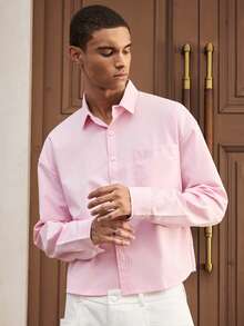 SWAVVY 男士休闲日常通勤简约字母刺绣落肩宽松拼布口袋长袖衬衫，秋季 - 粉色 - 查看 1