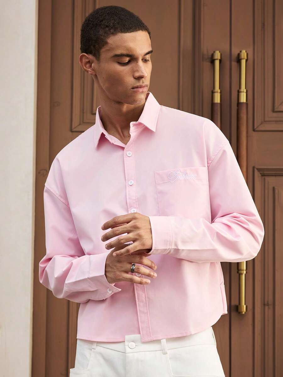 SWAVVY 男士休闲日常通勤简约字母刺绣落肩宽松拼布口袋长袖衬衫，秋季 - 粉色 - 查看 1