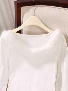 Franclia Áo thun trắng cổ thuyền viền lông gợi cảm và thanh lịch dành cho nữ, thích hợp cho các buổi hẹn hò, tiệc tùng, tụ họp, mùa thu/đông - trắng - Xem 4