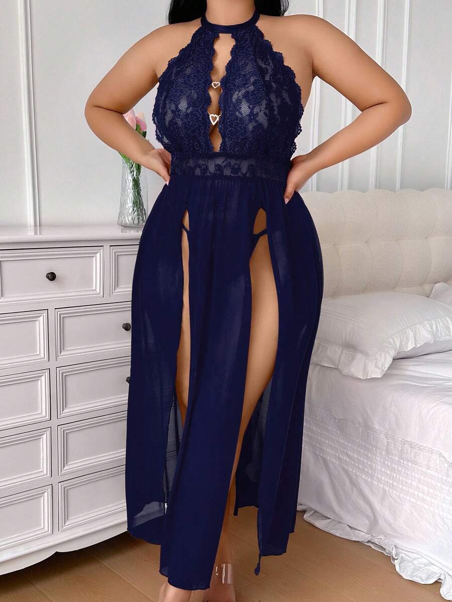 SHEIN Set Lingerie Seksi Tanpa Kawat Ukuran Plus 2 Potong dengan Renda dan Jala Kontras - Navy Blue - View 1