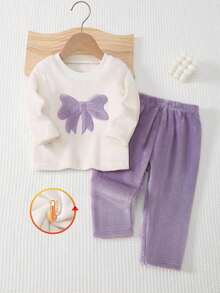SHEIN 2pcs Baby Girls' Cute Pink Bow Embroidered Fluffy White Long Sleeve Top And Pink Plaid Pants Thickened Autumn/Winter Pajama Set - Purple - View 1