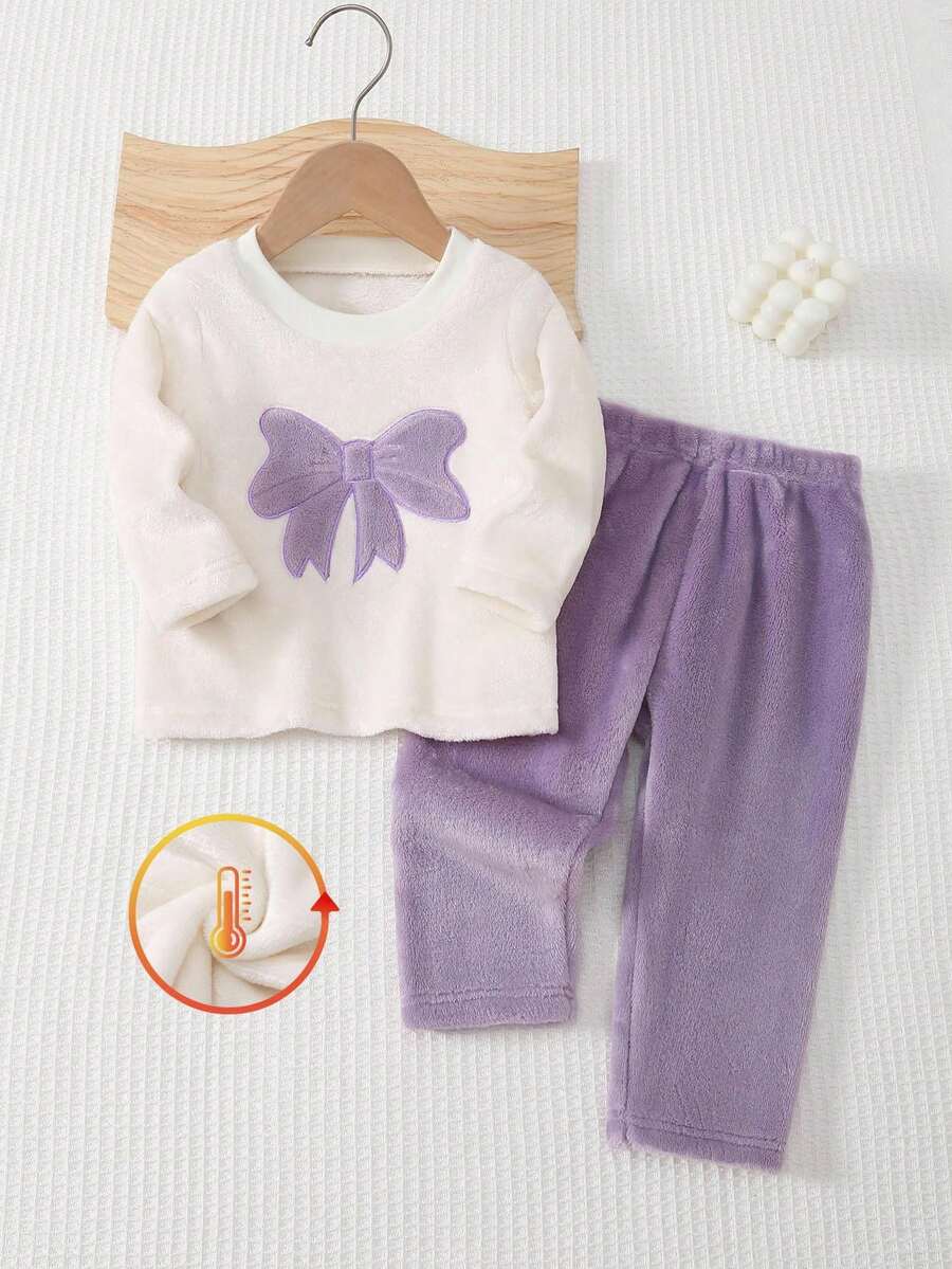 SHEIN 2pcs Baby Girls' Cute Pink Bow Embroidered Fluffy White Long Sleeve Top And Pink Plaid Pants Thickened Autumn/Winter Pajama Set - Purple - View 1