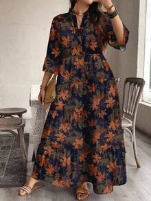 EMERY ROSE Váy dài thanh lịch họa tiết lá phong cổ điển cỡ lớn, thích hợp cho tiệc thu/đông - Nhiều màu - Xem 1