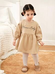 Cozy Pixies Robe à manches longues avec épaules tombantes, col rond, imprimé lettres et nœud, taille marquée, couleurs contrastées, pour bébé fille - Kaki - Voir 3