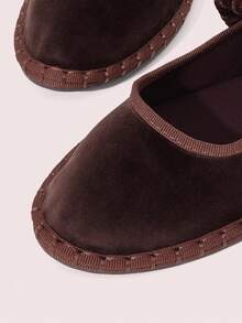 CUCCOO DOLLMOD Giày bệt Mary Jane nhung cổ điển thanh lịch màu nâu, thoải mái, co giãn, xếp ly - Màu nâu Sô-cô-la - Xem 4