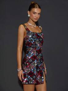 SHEIN BAE Women's Autumn/Winter Spaghetti Strap Square Neck Beaded Embroidery Side Slit Mini Dress, Suitable For Parties, Formal Events, Galas, Holidays,   Sequence Dress Night Club Dress,Valentine's Day,Valentine Outfits For Women - Black - View 5