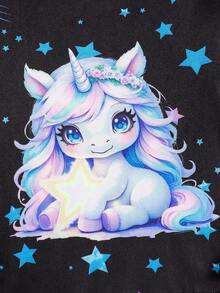 Mädchen Eng anliegendes Einhorn & Stern Leuchtdruck Langarm T-Shirt und Leggings Pyjama Set - Schwarz - Übersicht 3