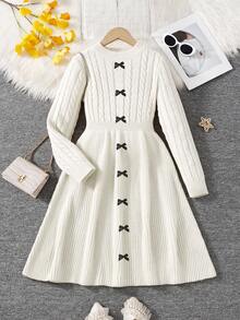 SHEIN Serisse Kids Tween Girls Elegant Round Neck Waist Fitted Knit Midi Dress With Contrast Front Bow For Winter, Knitted Dress Solid White Long Sleeve Knit Dress, Classic Elegant Round Neck Waist Fitted Knit Midi Dress. White Winter Dress, Autumn Winter White Knitted Dress, White Long Sleeve Dress Fall Tween Modest Dress Mom And Daughter Matching Dress Girls Spring Autumn French Style Dress Mommy And Me Dress