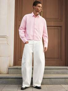 SWAVVY 男士休闲日常通勤简约字母刺绣落肩宽松拼布口袋长袖衬衫，秋季 - 粉色 - 查看 4