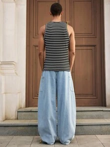 SWAVVY 男士休闲百搭日常条纹圆领背心，夏季 - 白色 - 查看 2