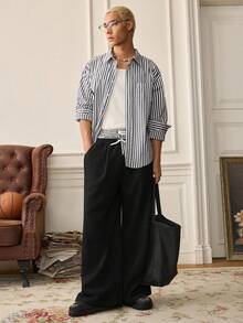 SWAVVY Men Casual Everyday Commute Simple Solid Color Drawstring Waist Loose Wide Leg Pants, Fall