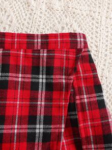 2 件年轻女孩长袖罗纹针织上衣 + 格子裙裤套装，复古韩式休闲优雅圆领 T 恤搭配 A 字裙裤，适合春秋季 - 紅色 - 查看 6