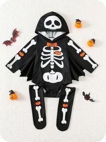 2 Stück/Set Baby Jungen süßes Skelett & Fledermaus Design Kapuzen-Bodysuit und Stulpen Set, bequem vielseitig modisch lässiger Outfit, geeignet für Halloween, Innen, Außen, Alltag, Sport, Spiel, Party, Fotografie, Herbst/Winter Totenkopf Baby Kleidung Halloween Baby Jungen Outfit Gruselig Baby Kleidung Baby Skelett Kostüm - Schwarz - Übersicht 4