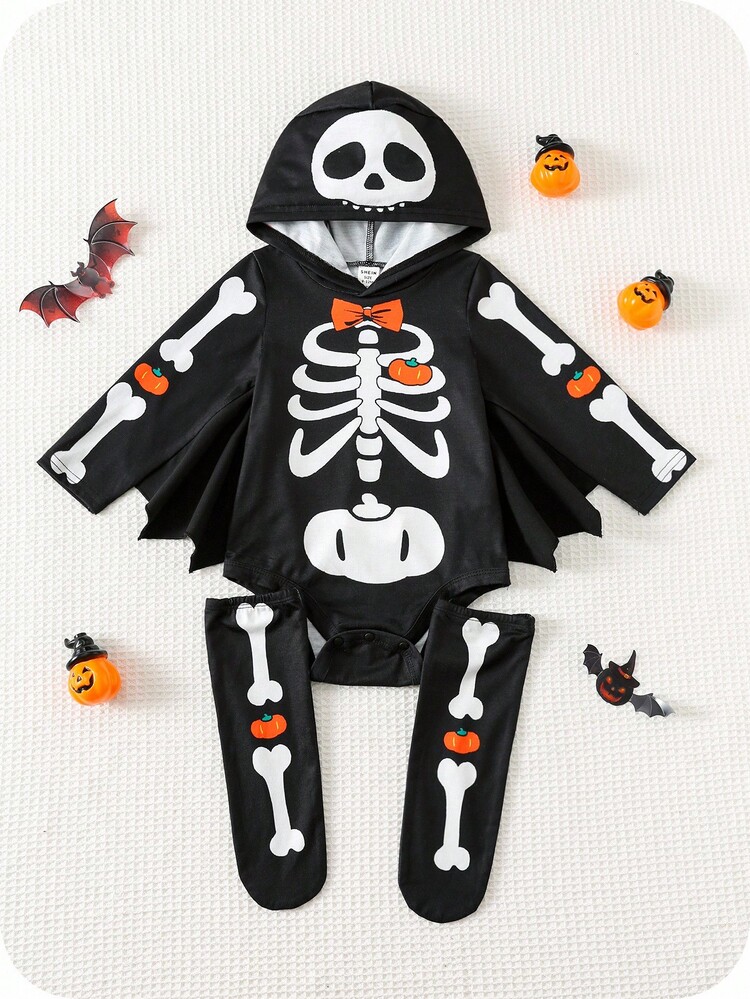 2件套男婴可爱骷髅蝙蝠图案连帽连体衣和腿套套装，舒适百搭时尚休闲装，适合万圣节、室内、室外、日常、运动、玩耍、派对、摄影等场合，秋冬季骷髅宝宝服装，万圣节男婴套装，怪诞宝宝服装，骷髅宝宝服装 - 黑色 - 查看 4