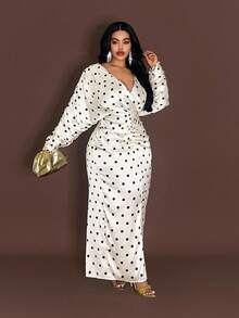 Maweii 加大码长袖波点法式长款修身优雅连衣裙 - 杏色 - 查看 1