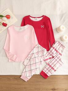 4 pièces Ensemble de pyjama de Noël ajusté pour filles, comprenant une broderie de cils, un Top et un pantalon à manches longues avec imprimé à carreaux décontracté et graphique, convient pour les préadolescentes, automne/hiver - Multicolore - Voir 1