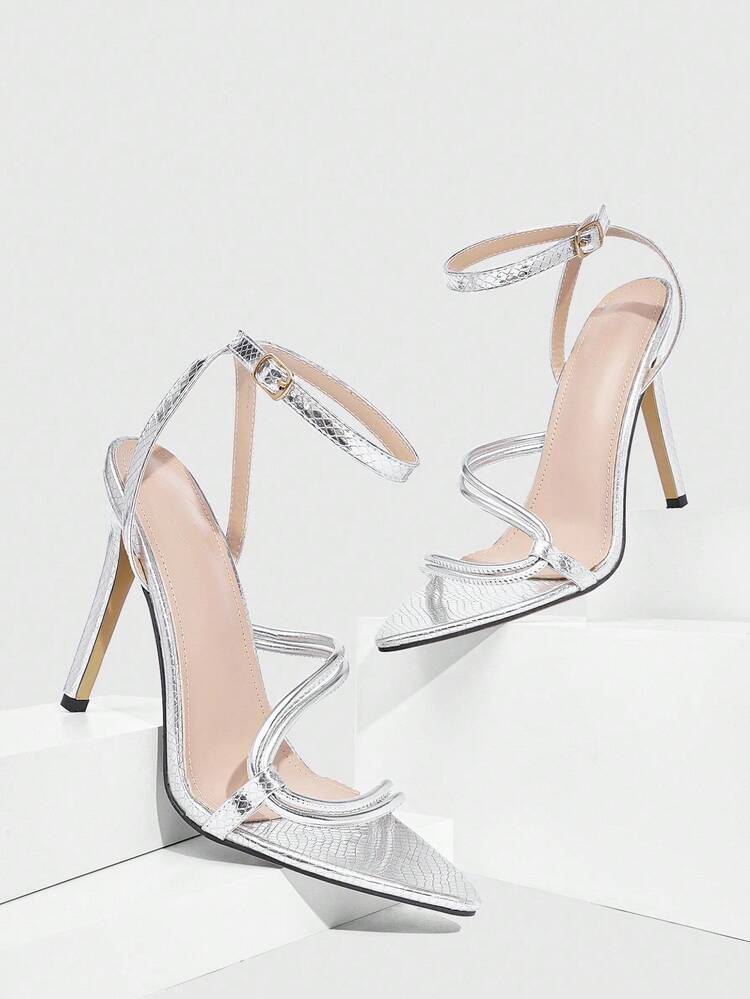 CUCCOO SZL Women's Minimalist Sexy Fashion Thin Strap Combination High Heel Sandals, Versatile For Outdoor, Street, Nightclub, Party, Banquet, Silver High Heel Sandals