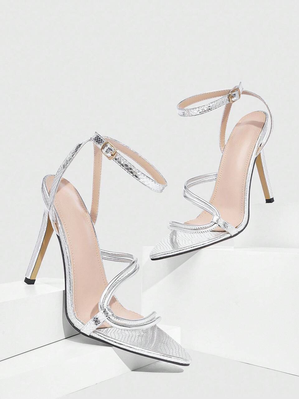 CUCCOO SZL Women's Minimalist Sexy Fashion Thin Strap Combination High Heel Sandals, Versatile For Outdoor, Street, Nightclub, Party, Banquet, Silver High Heel Sandals