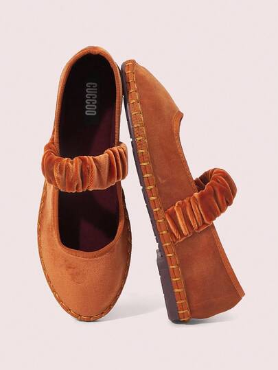 CUCCOO DOLLMOD Zapatos planos de mujer de terciopelo naranja elegantes, clásicos y cómodos con pliegues y elástico tipo Mary Jane