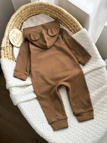 All Shades Of Brown Autumn Cute Modest Sibling Matching 3D Bear Embroidered Fleece Jumpsuit For Baby Boys,Mocha Neutral Infant Winter Clothes - Brown - View 2