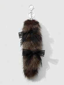 ROMWE Goth 1pc Y2K Retro Chic Cute Minimalist Sophisticated High-Quality Animal Print Series Brown Faux Fur Anime Fox Tail With Black Lace Bow, Star Decor DIY Keychain Bag Charm, Suitable For Cosplay, Daily Wear, Holiday Gift For Women