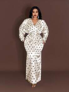 Maweii 加大码长袖波点法式长款修身优雅连衣裙 - 杏色 - 查看 2