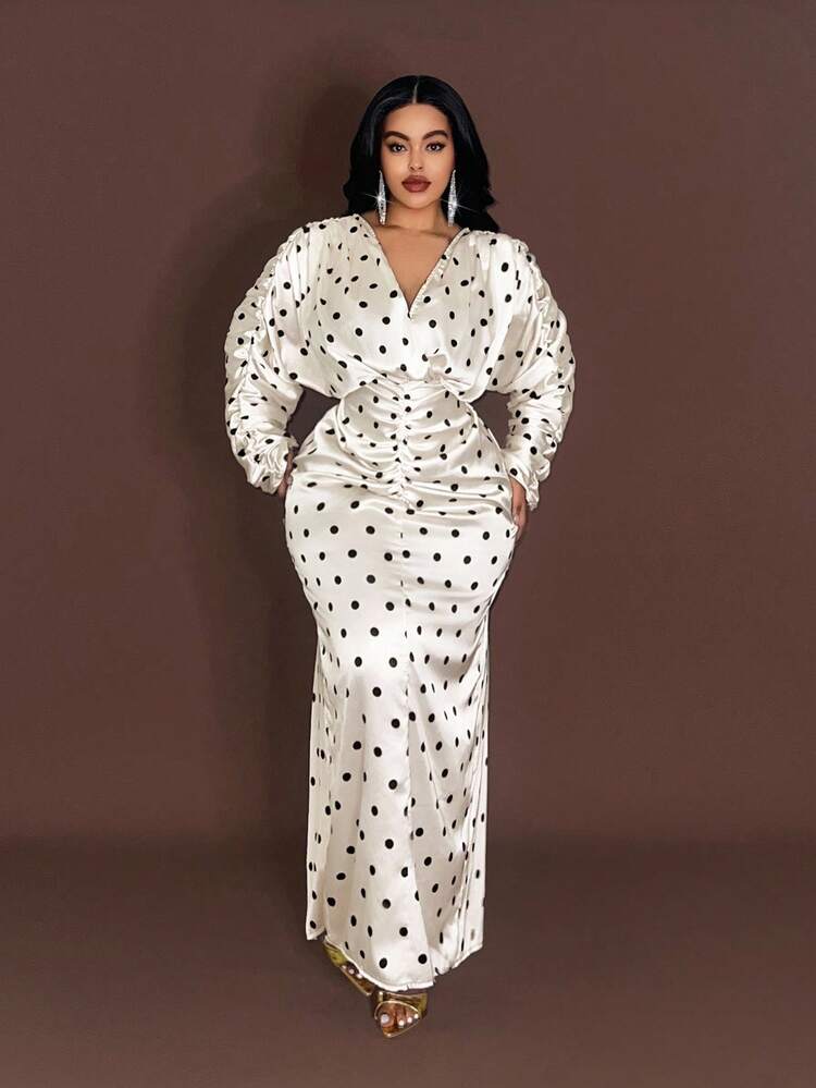 Maweii Plus Size Long Sleeve Polka Dot French Style Long Fitted Slimming Elegant Dress - Apricot - View 2