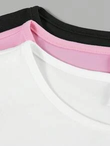 SHEIN Girlism 3件套少女休闲校服字母印花褶皱侧边圆领长袖短款针织T恤上衣，返校季必备 - 西瓜粉 - 查看 3