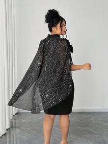 SHEIN Clasi Eleganter Damen Große Größen Schal mit 3D Blumen und Glitzer, einfarbiges knielanges Kleid, geeignet für Party und Veranstaltungen - Schwarz - Übersicht 1
