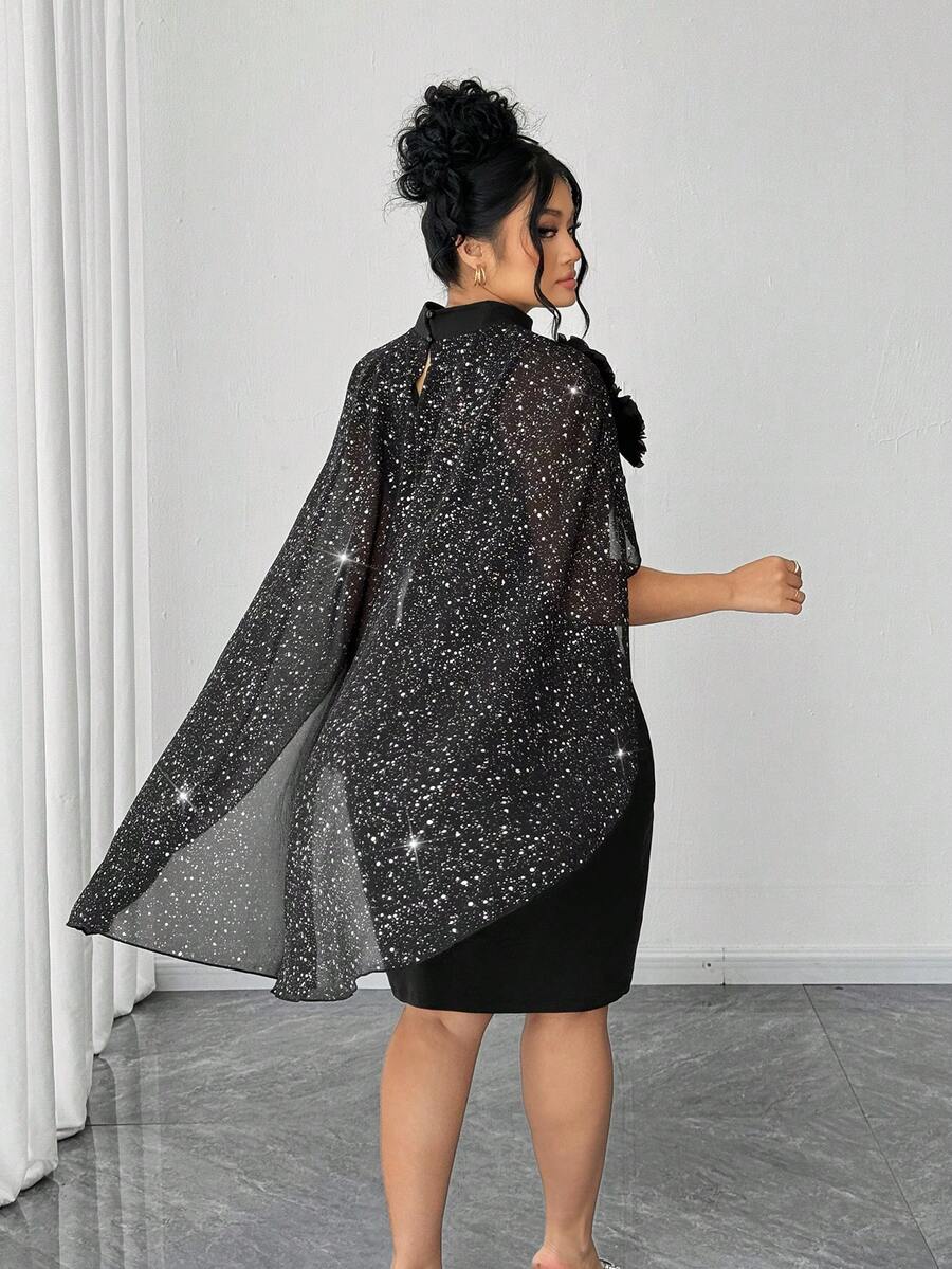 SHEIN Clasi Eleganter Damen Große Größen Schal mit 3D Blumen und Glitzer, einfarbiges knielanges Kleid, geeignet für Party und Veranstaltungen - Schwarz - Übersicht 1