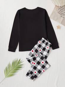 晚安图案和心形格子图案可爱休闲女孩睡衣套装、长袖上衣和裤子 - 黑與白 - 查看 2