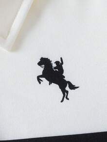 SHEIN 2 件套幼儿男童长袖 Polo 衫和裤子套装，时尚休闲装，面料柔软舒适，条纹和印花设计，适合外出和聚会 - 彩色 - 查看 3